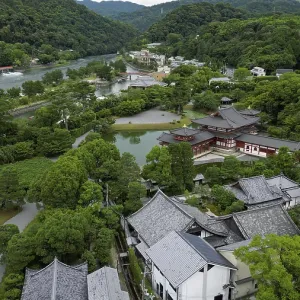 Temple complex in a Japanese village photographed with a drone
