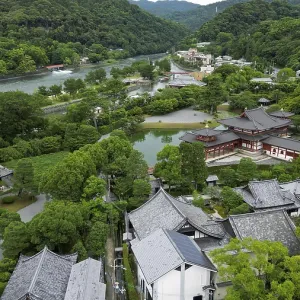 Temple complex in a Japanese village photographed with a drone