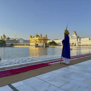Temple guard in front of the Harmandir Sahib or Hari Mandir (temple of God)