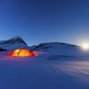 Tent by full moon in the snow, Kungsleden or king's trail