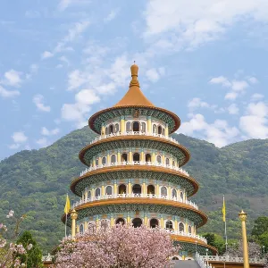Tianyuan temple with spring cherry blossoms in Tamsui