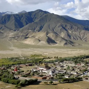 Tibetan Buddhism, circular shaped monastery in the form of a mandala under the hillside