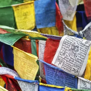Tibetan Buddhism prayer flags (lungta) with Om Mani Padme Hum Buddhist mantra prayer