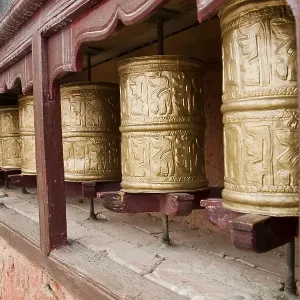 Tibetan Buddhist monastery with prayer wheels in the Himalayan region near Leh