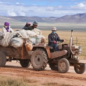 Tibetan pilgrims on a tractor on the road from Gerze to Tsochen Tibetan pilgrims on a tractor on the road from Gerze to Tsochen