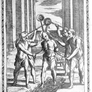 Torture, ordeal, inquisition, convict forced to walk across glowing coals while molten lead