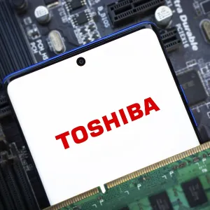 Toshiba logo is displayed on smartphone Toshiba logo is displayed on smartphone