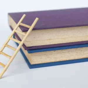 Toy wooden ladder next to books with white background