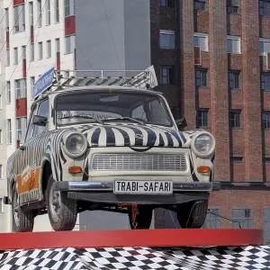 A Trabant in an unusual zebra design on display in Berlin