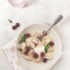 Traditional Dumplings Print with Cherries and Yogurt Traditional Dumplings Print with Cherries and Yogurt