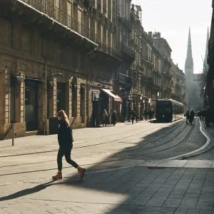 Tram and people on a narrow street with classical buildings and long shadows