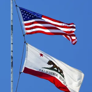 Twin Peaks, USA, 16th August, 2015: The USA and California state flags on Strawberry Peak near Twin Peaks
