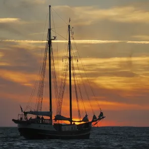 The two-masted gaff rigged schooner Abel Tasman in the evening light off Gedser The two-masted gaff rigged schooner Abel Tasman in the evening light off Gedser