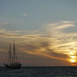 The two-masted gaff rigged schooner Abel Tasman in the evening light off Gedser