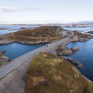 UAV recording, campervan on the island link road Atlantic Ocean Road