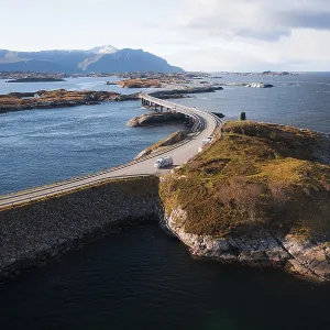 UAV recording, campervan on a parking lot on the island connecting road Atlantic Ocean Road UAV recording, campervan on a parking lot on the island connecting road Atlantic Ocean Road