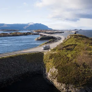 UAV recording, campervan on a parking lot on the island connecting road Atlantic Ocean Road