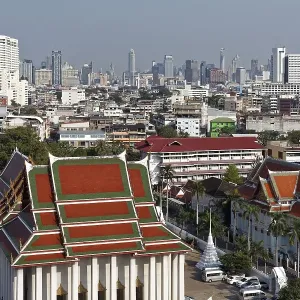 Ubsot Wat Saket with skyline, view from Golden Mountain Ubsot Wat Saket with skyline, view from Golden Mountain