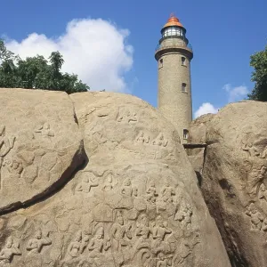 Unfinished bas relief and light house (1900 AD), mamallapuram, tamilnadu, india Unfinished bas relief and light house (1900 AD), mamallapuram, tamilnadu, india