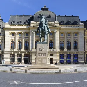 University library with the equestrian statue of King Charles I of Romania