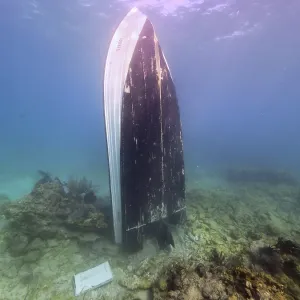 An upright boat underwater, surrounded by sand and coral An upright boat underwater, surrounded by sand and coral