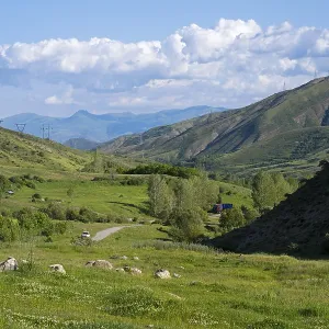 Valley with green landscape, power lines Valley with green landscape, power lines