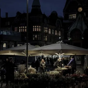 A vibrant night market illuminated by lights A vibrant night market illuminated by lights