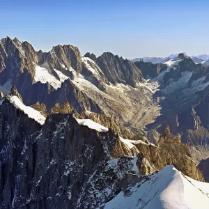 View from the Aiguille du Midi mountain station observation deck of the mountains Aiguille Vert