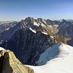 View from the Aiguille du Midi mountain station observation deck of the mountains Aiguille Vert