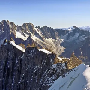 View from the Aiguille du Midi mountain station observation deck of the mountains Aiguille Vert