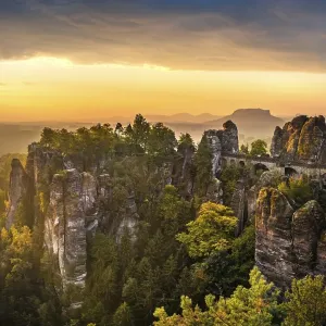 View of Bastei bridge, Bastei at sunrise