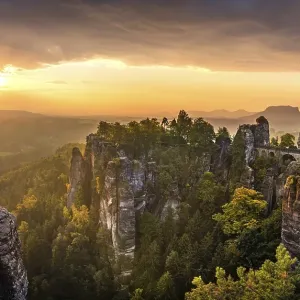View of Bastei bridge, Bastei at sunrise