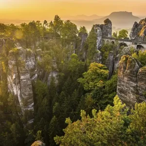 View of Bastei bridge, Bastei at sunrise View of Bastei bridge, Bastei at sunrise