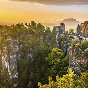 View of Bastei bridge, Bastei at sunrise