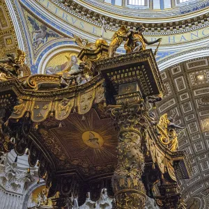 View from below up to top of canopy canopy ciborium by Gian Giovanni Lorenzo Bernini over the tomb of Peter
