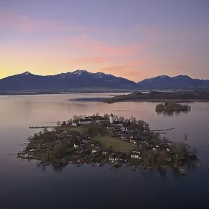 View from above over the Chiemsee at sunrise