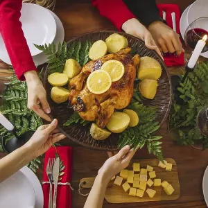 Top view christmas dinner with turkey