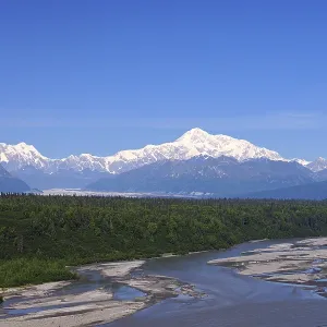 View over Chulitna River to Mount Denali