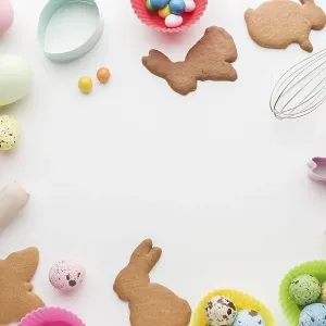 Top view cookies easter kitchen utensils frame