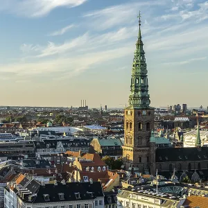 View of Copenhagen from the tower of Christiansborg Palace Church with the former St Nicholas Church Kunsthalle Nikolaj