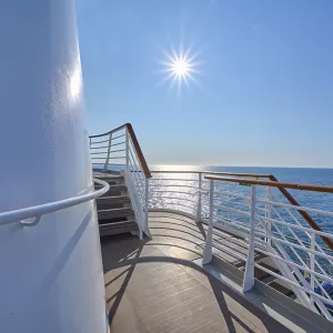 View from the deck of a cruise ship Mein Schiff 6 to the sunny sea and clear sky View from the deck of a cruise ship Mein Schiff 6 to the sunny sea and clear sky