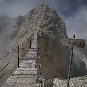 View of the famous suspension bridge in the Italian Dolomites