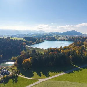 View of Forggensee surrounded by trees and mountains under clear sky