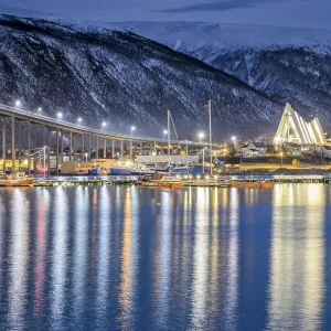 View over the harbour and city with Tromsobrua or Tromso Bridge View over the harbour and city with Tromsobrua or Tromso Bridge