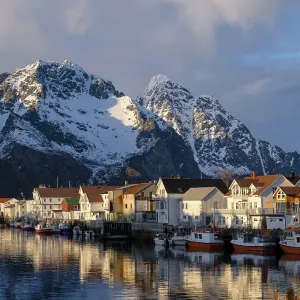 View of Henningsvaer in the evening light View of Henningsvaer in the evening light