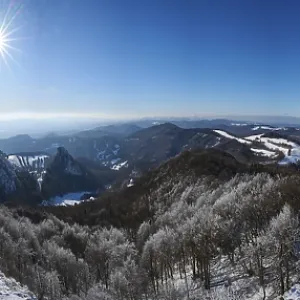 View over the hills and valleys from the mountain with hoarfrost on the branches in winter