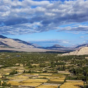 View of Indus valley from Thiksey gompa in Himalayas