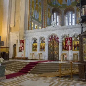 View of the interior of an Orthodox church with altar View of the interior of an Orthodox church with altar
