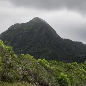 View of the kahana valley mountain state park under the clouds