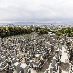 The view over Kyoto city from Higashiotani Cemetery on a spring afternoon in Japan
